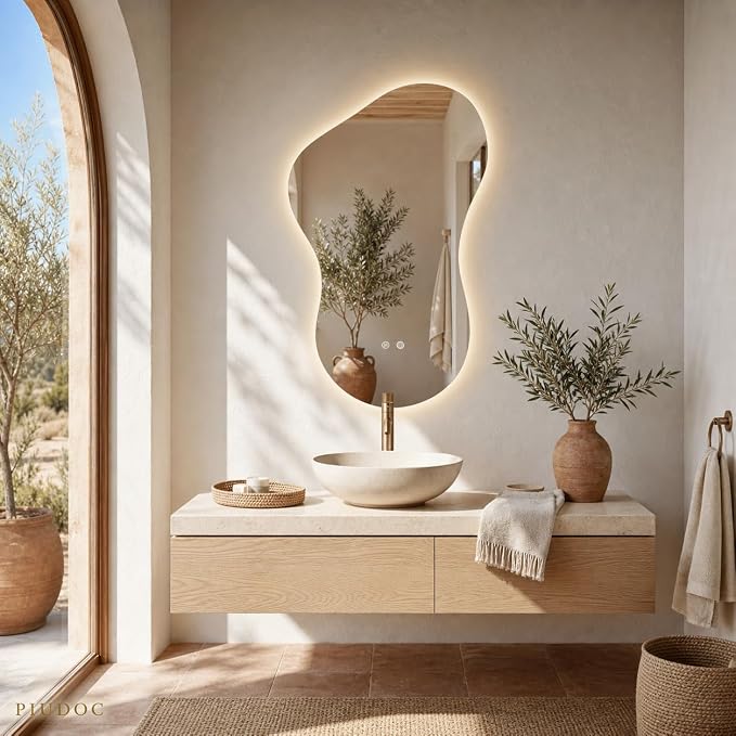 Irregular Led Bathroom Mirror with Lights 23x36 Inch, Backlit Asymmetrical Led Bathroom Mirror for Wall, Lighted Vanity Mirror with Lights, Anti-Fog, Dimmable 3 Colors, Shatter-Resistant