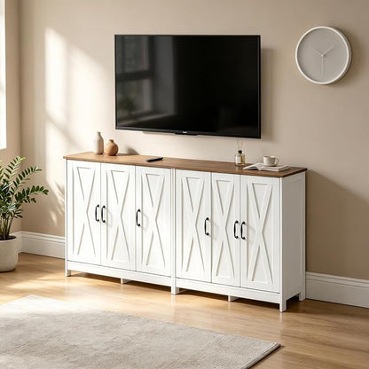 Farmhouse Buffet Storage Cabinet, 3-Door Sideboard Cabinet with Adjustable Shelves, Wood Countertop Freestanding Credenza for Kitchen, Living Room, White