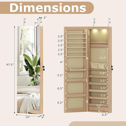 LDAILY Moccha Wall Door Jewelry Armoire, 47.5" H Full Length Mirrored Jewelry Cabinet with 2 LED Lights and 2 Drawers, Lockable Jewelry Cabinet, Jewelry Organizer Storage for Bedroom (Light Oak)