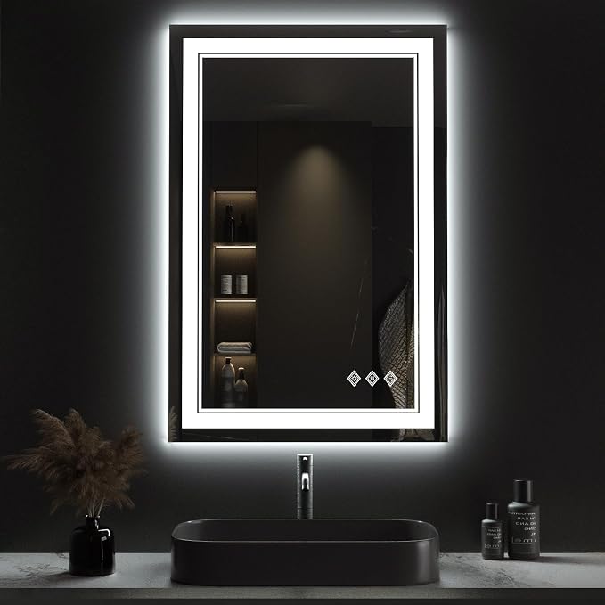LED Mirror for Bathroom, 24x36 Inch Gradient Front and Backlight LED Bathroom Mirror, 3 Colors Dimmable CRI>90 Double Lights, Enhanced Anti-Fog, Hanging Plates Wall Mount Lighted Mirror