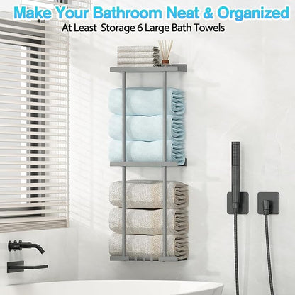 Liuoud Towel Rack for Bathroom, Wall Mounted Bath Towel Holder Storage Organizer for Rolled Towels, Vertical Towel Rack with Shelf Can Holds Up 6 Large Bath Towel (Grey, Larger Size)