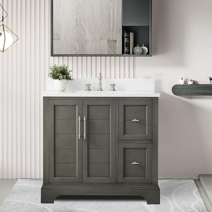 Vanity Art 36 Inch Bathroom Vanity with Single Sink, Silver Grey | Solid Wood, Ceramic Sink, Marble Top, Waterproof Backsplash, Pre-assembled, Soft-close Doors, Ample Storage, Freestanding