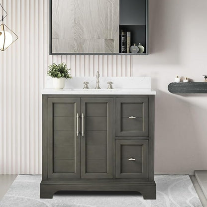 Vanity Art 36 Inch Bathroom Vanity with Single Sink, Silver Grey | Solid Wood, Ceramic Sink, Marble Top, Waterproof Backsplash, Pre-assembled, Soft-close Doors, Ample Storage, Freestanding
