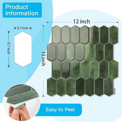 Art3d Hexagon Tile Peel and Stick Backsplash, 10-Pack, 12 x 12 Inch, Green | Superior Thickness, Reliable Adhesion, Warp Resistant, Minimalist Style, Easy to Install, for Kitchen Countertops, Bedroom