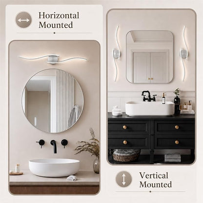 26 Inch LED Bathroom Vanity Light, Brushed Nickel, 5CCT | 26 Inch brushed nickel LED bathroom vanity light with 5CCT, 20%-100% dimming, hardwired horizontal/vertical mount