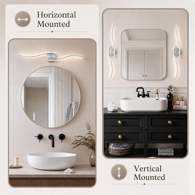 31.5 Inch LED Bathroom Vanity Light, Brushed Nickel, 5CCT | 31.5 Inch brushed nickel LED bathroom vanity light with 5CCT, 20%-100% dimming, hardwired horizontal/vertical mount