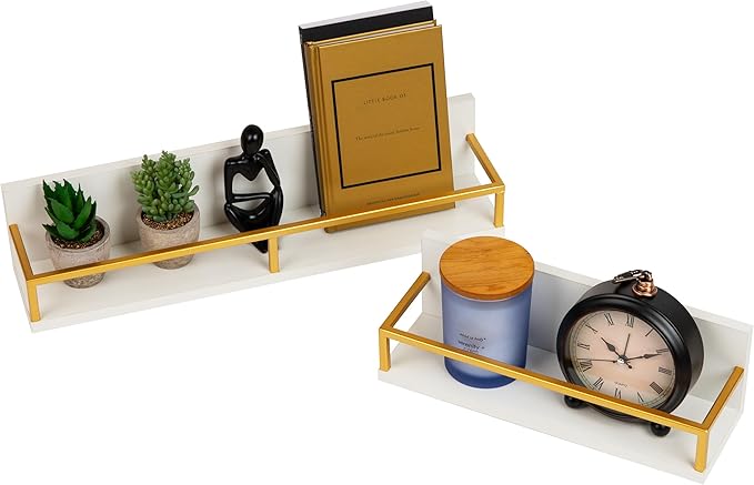Mind Reader Floating Shelves, Wall-Mounted Office Organizers, Modern MDF Display Storage with Metal Rail, Metal. MDF, Set of 2, White