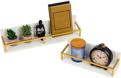 Mind Reader Floating Shelves, Wall-Mounted Office Organizers, Modern MDF Display Storage with Metal Rail, Metal. MDF, Set of 2, White