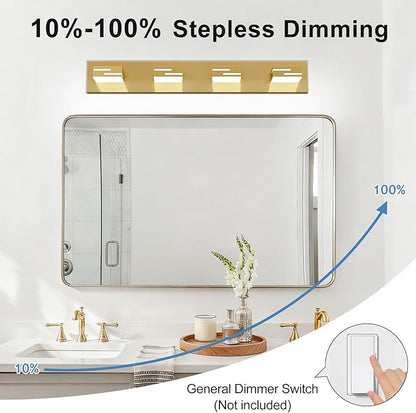 LED Modern Bathroom Vanity Light Fixtures, 4-Light 28-inch Dimmable Gold Vanity Lights for Bathroom Lighting Fixtures Over Mirror, with 350° Rotatable Heads (Cool White 6000K)