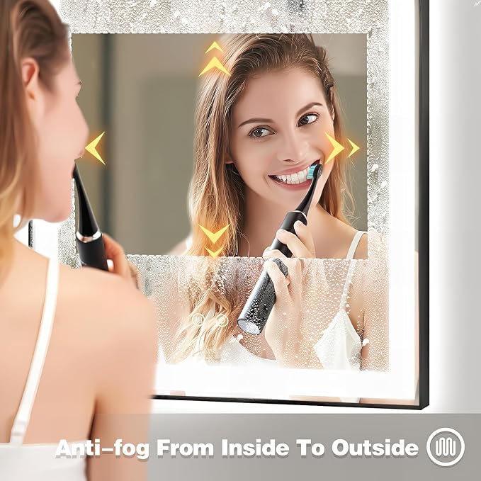 Arched LED Bathroom Mirror, 48"x24" Arch Backlit Vanity Mirror with Lights, Frontlit, Dimmable, 3 Colors, Memory Function, Anti-Fog Smart Mirror, Black Frame, Shatterproof, UL Listed