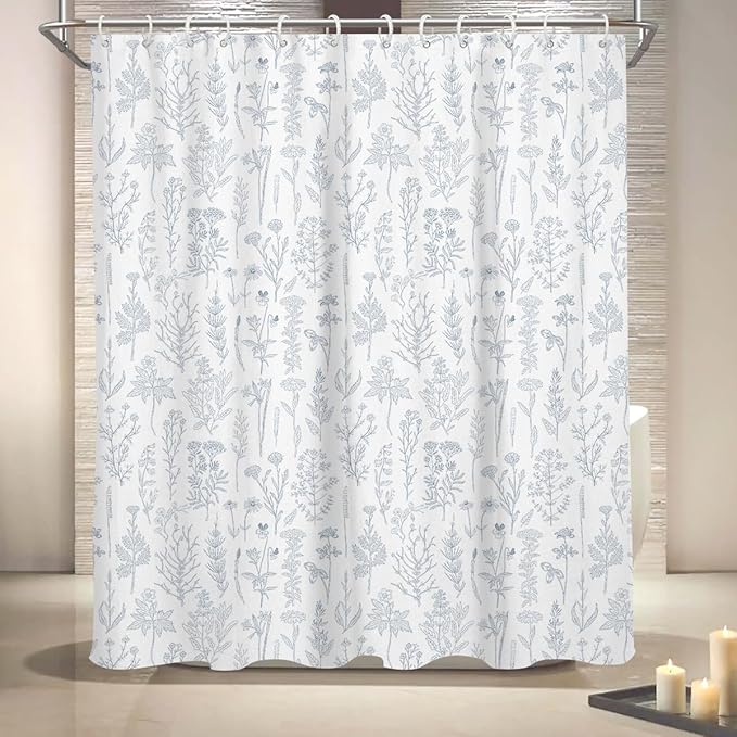 Coxila Vintage Floral Shower Curtain Blue and White Flower Retro Cute Rustic Country Spring Summer Fun Boho Plant Botanical Wildflower Pretty Leaf Bathroom 60 x 72 Inch Polyester Fabric 12 Pack Hooks