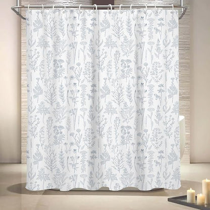 Coxila Vintage Floral Shower Curtain Blue and White Flower Retro Cute Rustic Country Spring Summer Fun Boho Plant Botanical Wildflower Pretty Leaf Bathroom 60 x 72 Inch Polyester Fabric 12 Pack Hooks