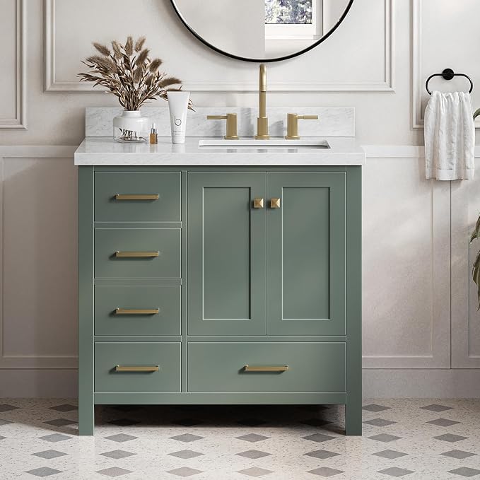 ARIEL Cambridge 36-inch Bathroom Vanity with Sink,Solid Wood, 1.5-inch Italian Carrara Marble Countertop, Single Rectangular Porcelain Sink, 2 Soft Closing Doors, 5 Dovetail Drawers, Vintage Green