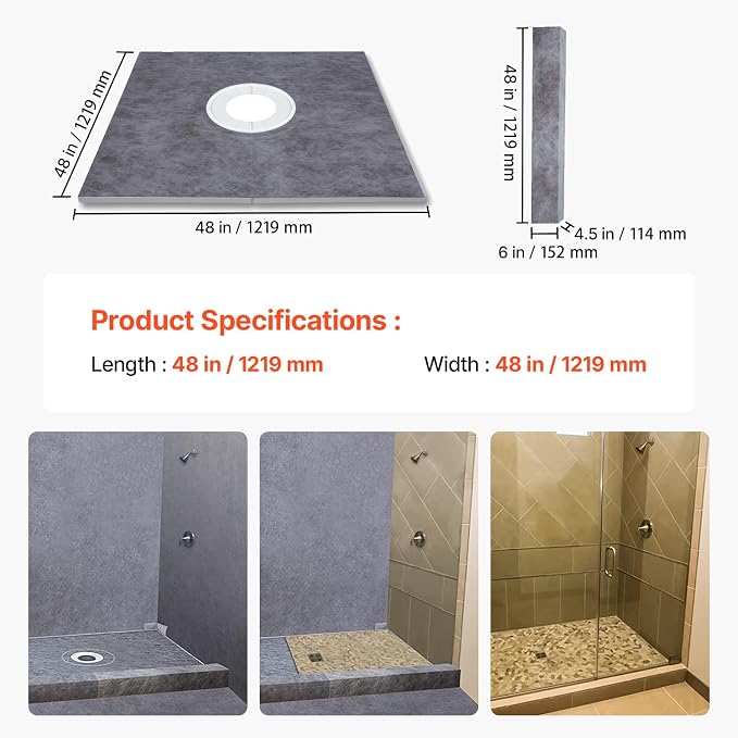 VEVOR Shower Curb Kit, 48 x 48 in Watertight Shower Curb Overlay with 4 in PVC Center Bonding Flange, 4 in Stainless Steel Grate, 2 Cuttable Shower Curbs Trowel and Shower Pan Slope Stick for Bathroom