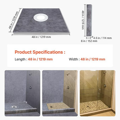VEVOR Shower Curb Kit, 48 x 48 in Watertight Shower Curb Overlay with 4 in PVC Center Bonding Flange, 4 in Stainless Steel Grate, 2 Cuttable Shower Curbs Trowel and Shower Pan Slope Stick for Bathroom