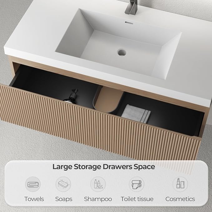 42 Inch Floating Bathroom Vanity with Sink, Wall-Mounted Striped Storage Cabinet with Soft-Close Drawer, Glossy White Solid Surface Basin, Fully Assembled, Natural Oak Finish