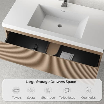 42 Inch Floating Bathroom Vanity with Sink, Wall-Mounted Striped Storage Cabinet with Soft-Close Drawer, Glossy White Solid Surface Basin, Fully Assembled, Natural Oak Finish
