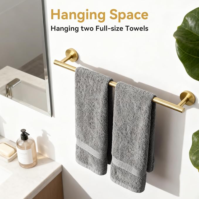 Brushed Gold Towel Bar, 24 Inch Bathroom Towel Rack | (Total Length 26-Inch), Towel Holder Wall Mounted, Thicken SUS304 Stainless Steel Towel Rod Modern Home Decor