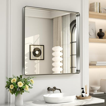 LOAAO 38X38 Inch Brushed Nickel Bathroom Mirror | Rounded Rectangle, Silver Metal Frame, Anti-Rust, Tempered Glass, Hangs Horizontally or Vertically