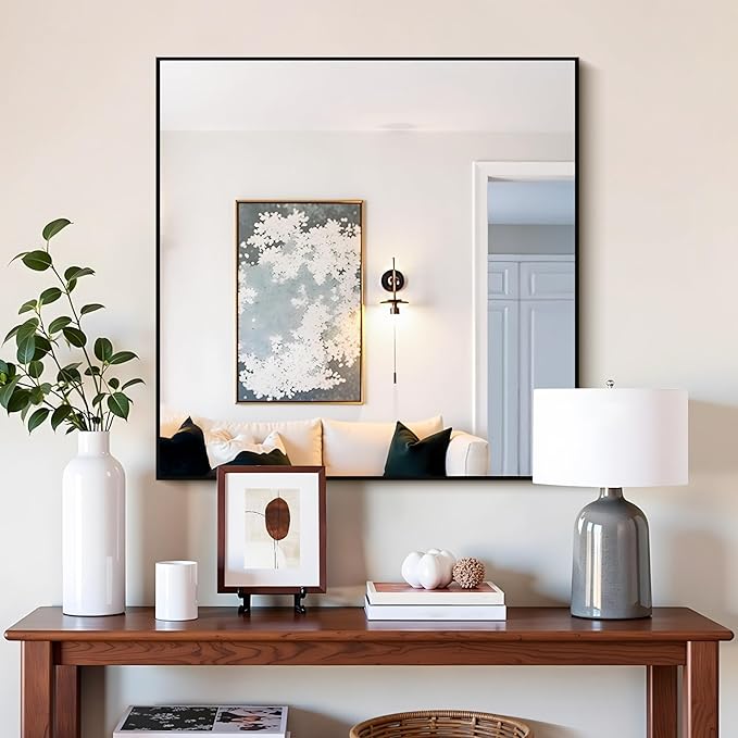 Black Bathroom Mirror for Wall, 30x30 Inch Rectangle Mirrors with Metal Frame, Modern Vanity Wall Square Mirror for Bathroom Living Room, Entryway Hangs Horizontal or Vertical