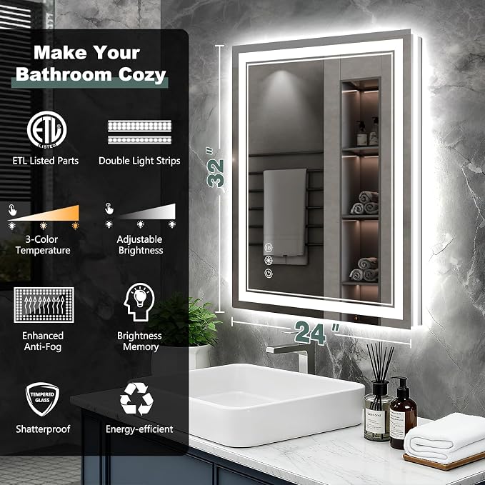 32x24 Inch LED Bathroom Mirror with Lights, 3 Colors Dimmable LED Vanity Mirror, Front and Back Lit, Anti-Fog, Memory Function, Shatterproof Tempered Glass, ETL Listed, Wall Mounted Makeup Mirror