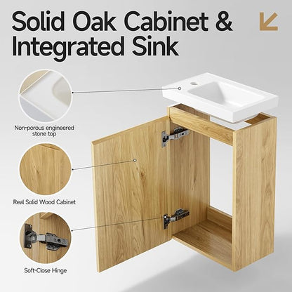 16" Japandi Floating Bathroom Vanity with Sink, Pre-Assembled Wall-Mounted Bathroom Vanity, Narrow Bathroom Vanity 10" D Solid Wood Vanity Cabinet, Engineered Stone Top, Soft-Close Hinge