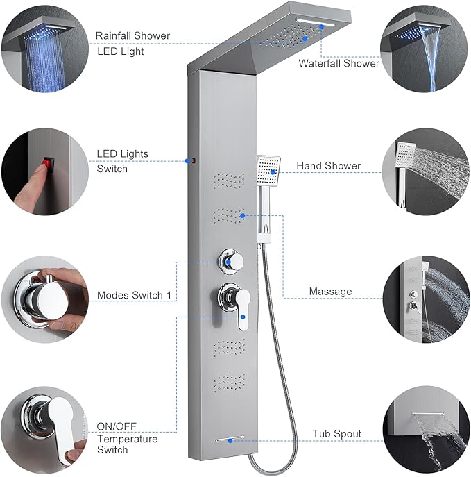 Shower Panel Tower System with LED Lights, Stainless Steel 5 in 1 Shower Panel with Rainfall Waterfall Shower Head, Body Spray, Handheld Shower, Tub Spout (Brushed)
