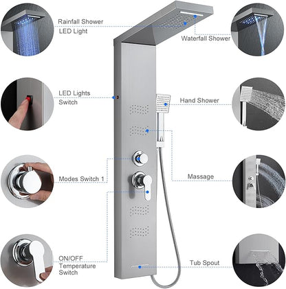 Shower Panel Tower System with LED Lights, Stainless Steel 5 in 1 Shower Panel with Rainfall Waterfall Shower Head, Body Spray, Handheld Shower, Tub Spout (Brushed)