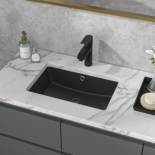Sarlai Undermount Bathroom Sink - 18 x 12 inch Black Vessel Sink Undermount Sink Rectangular Modern Ceramic Rectangle Vanity Art Basin with Overflow, Interior Dimension 16-1/4 x 10-3/5 Inch