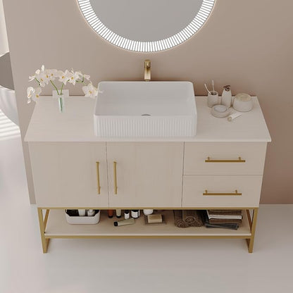 47.2 inch Modern Bathroom Vanity with Ceramic Vessel Sink, Gold Accent Freestanding Bathroom Cabinet with Wood Countertop, Soft Closing Cabinet, 2 Sliding Drawers & Open Storage Shelf, White Oak