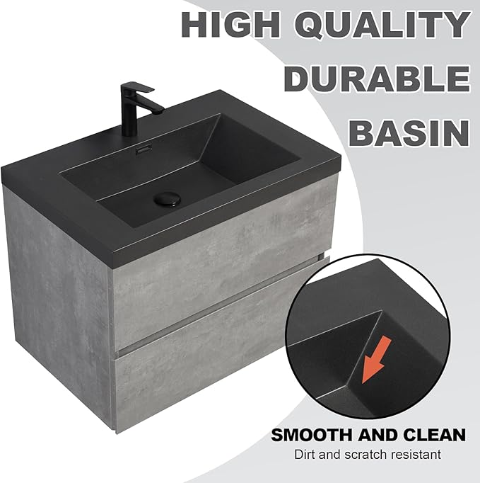 Wall Mounted 30 Inch Bathroom Vanity with Sink, Floating Vanity Bathroom, Single Sink Bathroom Vanity, 2 Drawers, Resin Integrated Sink (Dark Birch)