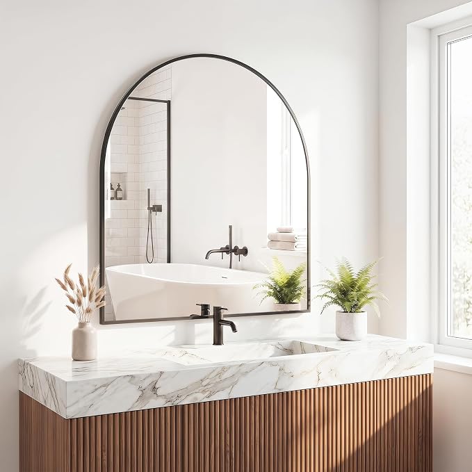 Sweetcrispy 31"x32" Arched Bathroom Mirror, Bathroom Mirrors for Over Sink | Modern Wall Mirrors Arch Decorative for Entryway, Bedroom, Vanity,Horizontal or Vertical Hanging, Black