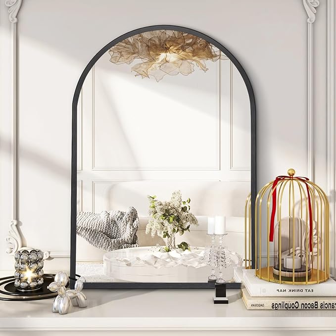 Black Arched Bathroom Wall Mirror Brushed Metal Vanity Wall Mounted Mirror for LivingRoom Bedroom Entryway Room vanity Home Decor 28"x20"