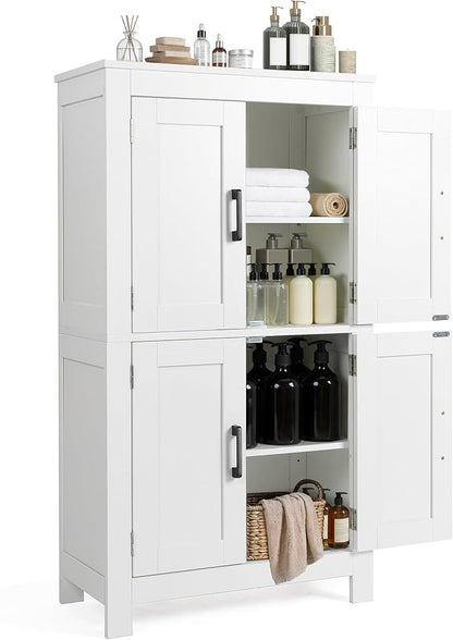 VUSIGN Bathroom Floor Cabinet, Farmhouse Storage Cabinet with 4 Doors, Adjustable Shelves, Modern Freestanding Storage Unit, Versatile Cupboard for Kitchen Living Room, Dining Room, Entryway, White