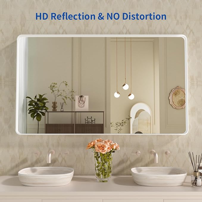 WEER White Metal Framed Bathroom Mirror 55x30 Inch | Rounded Rectangle, Matte White Framed, Tempered Glass, Anti-Rust, Hangs Horizontally or Vertically