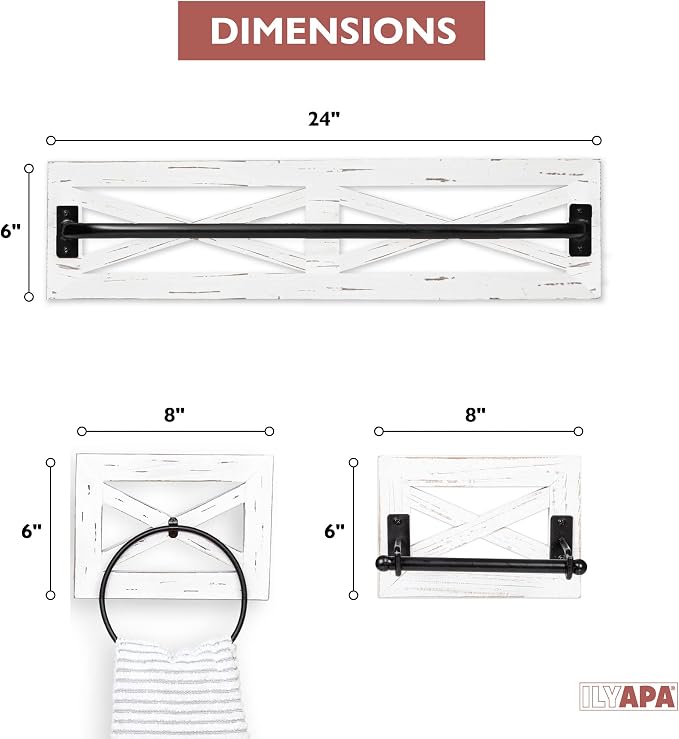 Ilyapa Towel Bar, TP Holder & Towel Ring Set, White Wood, Black Metal | Bar Accents, Wall Mounted Design, Farmhouse Bathroom Décor, Includes Mounting Hardware