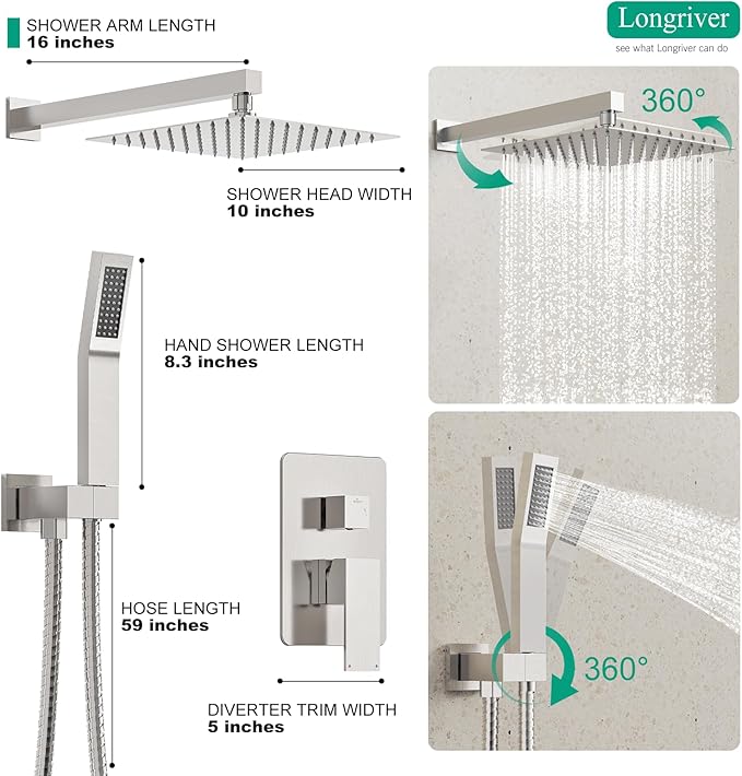 Longriver Shower Faucet Set, Shower System Bathroom High Pressure 10 Inches Rainfall Shower Head with Handheld Spray, Wall Mounted Shower Fixtures with Shower Valve and Trim Kit, Brushed Nickel