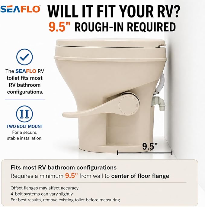 SEAFLO Bone RV Toilet, Residential Height 18.4", Gravity Flush Foot Pedal, Soft Close Seat, Camper Toilet for RV Motorhome Travel Trailer, Parchment, SFRTPH-02-01, 4-Year Warranty
