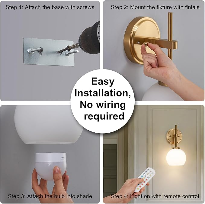 Gold Battery Operated Wall Sconce Set of 2, Wireless Rechargeable Sconces Wall Lighting with Remote Control, LED Dimmable Wall Lights with Opal White Glass Shade, 12 Colors RGB & 3 CCT Bulb