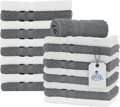 DAN RIVER 100% Cotton Washcloths 20 Pack Premium Quality Face and Body Cloth, Quick Dry Essential Towels for Bathroom, Hand, Kitchen & Cleaning, Baby Rugs | 11X11 in | 400 GSM | Grey + White