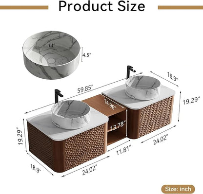 60 Inch Double Vanity with Sink Set, Floating Bathroom Sink Cabinet with Sintered Stone Top&Solid Wood Hammered Frame, Double Bathroom Vanities w/Soft-Close Drawers&1 Side Open Cube