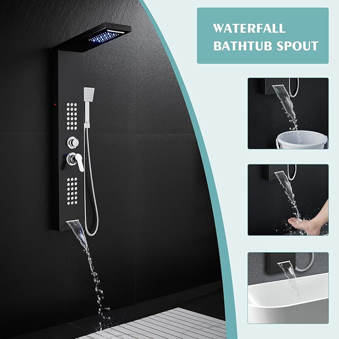 LED Shower Panel Tower System Black with Rainfall Waterfall Shower Head, 5-in-1 Shower Tower with Powerful Body Jets, Handheld Shower and Tub Spout, High Pressure Shower Column Stainless Steel