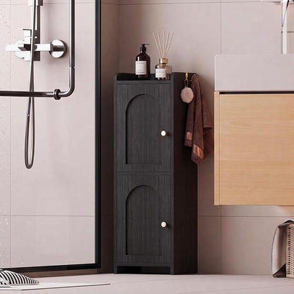Arbuxzuy Small Bathroom Storage Cabinet with 2 Doors and Adjustable Shelf | Black Corner Floor Cabinet, Narrow Toilet Paper Cabinets with 2Hooks,Toilet Organizer for Small Spaces, 7.87"D*9.84"W*29.72"H