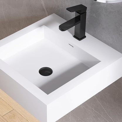 Small Vessel Sink, Stone Resin 19" x 19" Wall Mount Bathroom Sink | Floating Sinks with Overflow, Square Solid Surface Floating Vessel Sinks, White