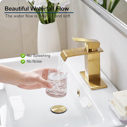 Gold Bathroom Faucet Single Handle, Brass Waterfall Bathroom Faucet, 4 Inch Bathroom Faucets 1 Hole or 3 Holes Bathroom Sink Faucets with Deck Plate & Pop-Up Drain for Public Sinks No Splashing
