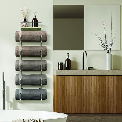 Sorbus Bathroom Towel Holder - 5 Tier Metal Towel Rack with Wood Shelf for Rolled Bath Towels, Washcloths, Linens, Hand Towels, Soaps & Accessories - Wall Mounted Towel Rack for Bathroom Towel Storage