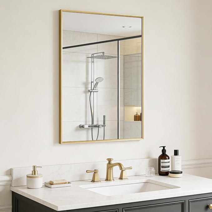 Bathroom Mirror 36" x 24" Brushed Gold Beveled Framed Mirror for Over Sink | Rectanglar Modern Farmhouse Wall Mirror, Tempered Glass, Anti-Rust, Hangs Horizontally or Vertically