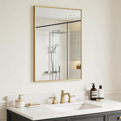Bathroom Mirror 36" x 24" Brushed Gold Beveled Framed Mirror for Over Sink | Rectanglar Modern Farmhouse Wall Mirror, Tempered Glass, Anti-Rust, Hangs Horizontally or Vertically