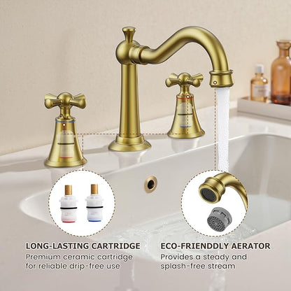 Hurran 8 Inch Widespread Bathroom Sink Faucet Brushed Gold, 3 Hole 2 Cross Handles Classic Vintage Antique Faucet with Metal Pop Up Drain and Supply Hoses for Vanity, RV, Farmhouse