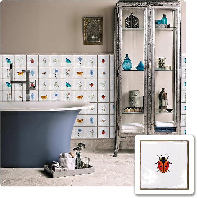 Alwayspon Vinyl Sticker Peel and Stick, Self-Adhesive Wall Tile Transfers Backsplash Sticker Decal for Kitchen Bathroom, 6x6inch/15x15cm 30Pcs, Insects and Plants T037